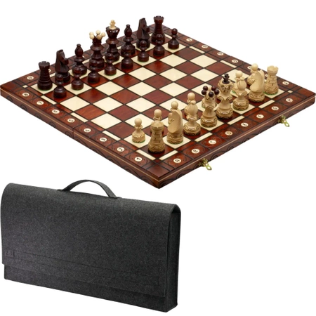 Carved wooden chess set with folding board and chess carrying case - perfect gift